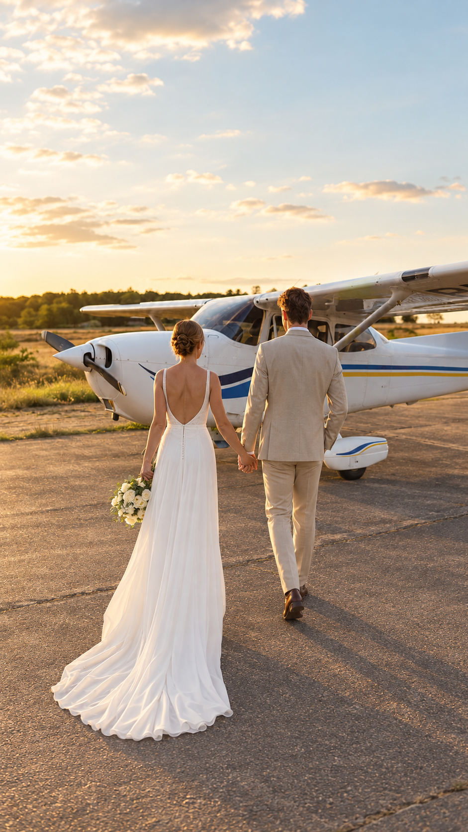 Trouwend koppel bij een klein vliegtuig tijdens de Love takes flight-campagne van JB Couture