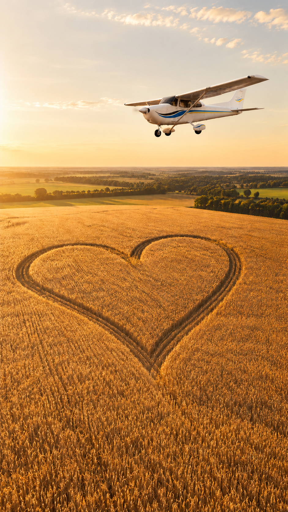 Vliegtuig boven een hartvormig graanveld bij zonsondergang voor Love takes flight van JB Couture